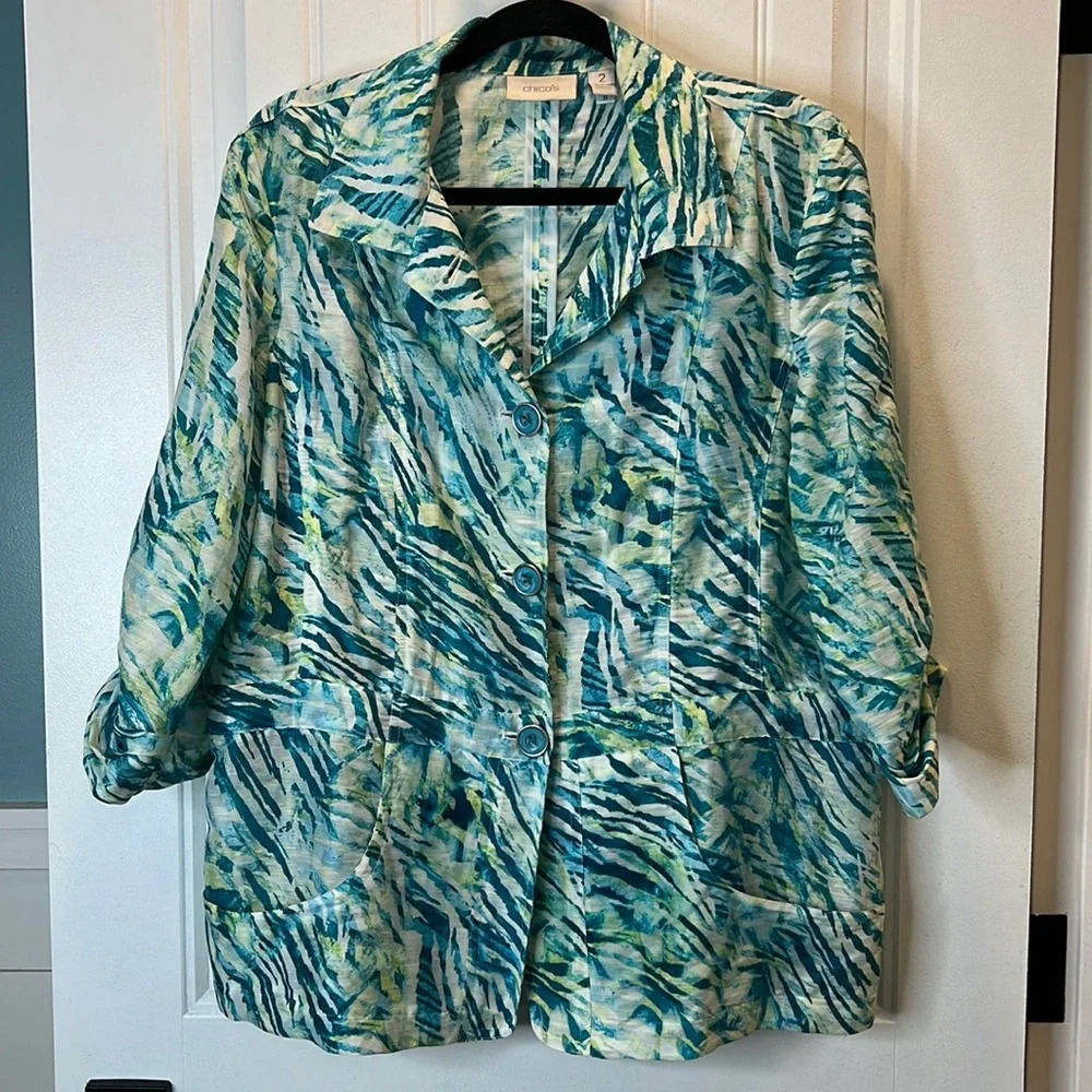 Chico’s Size 2 Linen‎ Blend Turquoise and Green Button Closure Jacket.